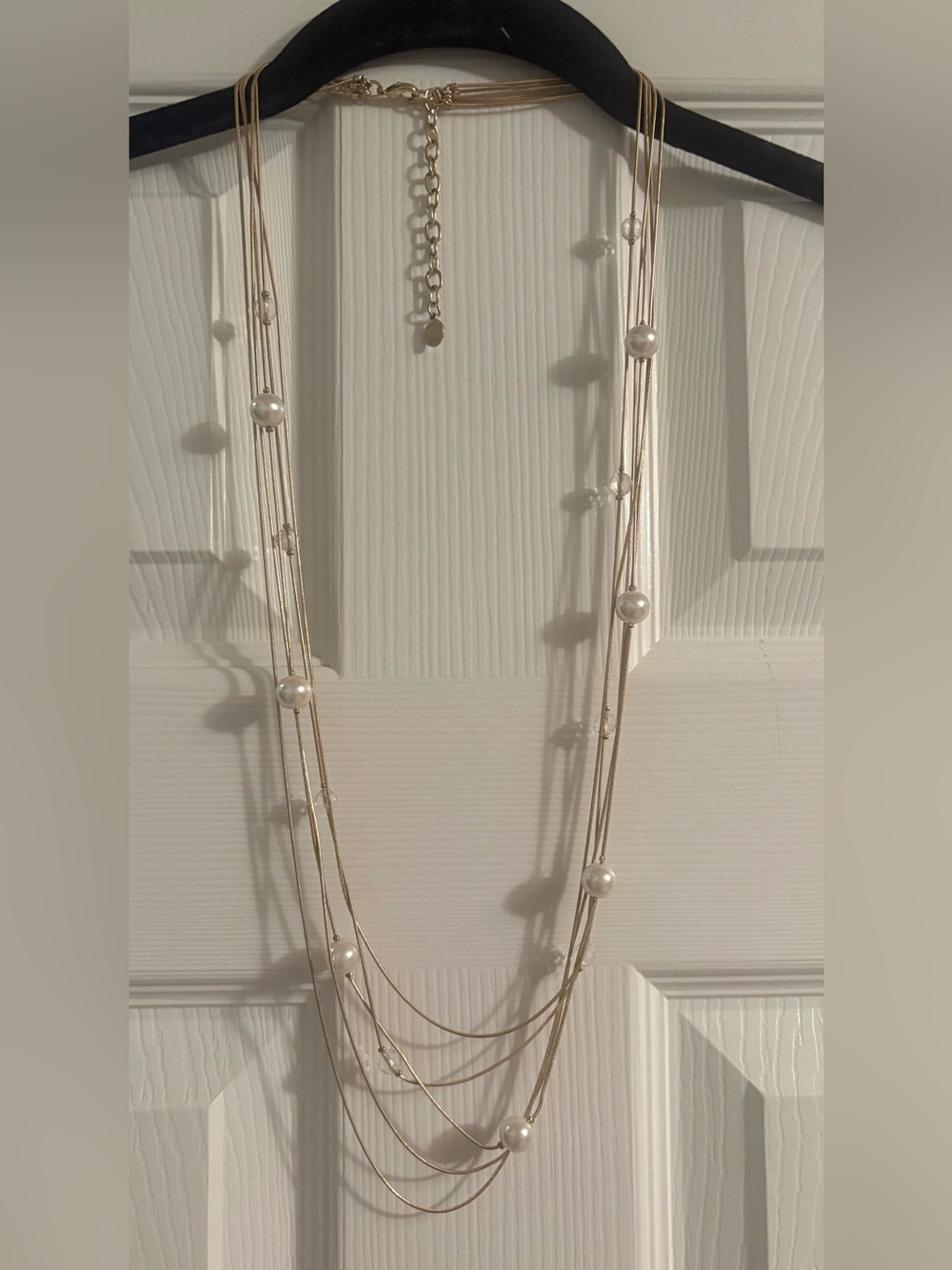 RJ Graziano gold/pearl/rhinestone long 5 chain necklace EUC.